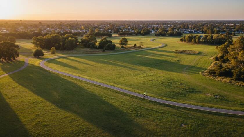 Dramatic aerial shot over Heatherdale capturing the rolling landscapes and vibrant green parks at sunrise, showcasing Heatherdale drone photography capturing local landscapes with stunning light.
