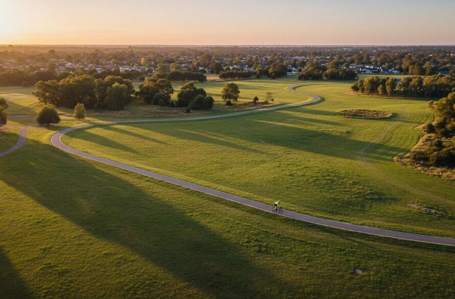 Dramatic aerial shot over Heatherdale capturing the rolling landscapes and vibrant green parks at sunrise, showcasing Heatherdale drone photography capturing local landscapes with stunning light.