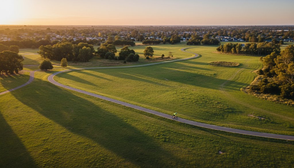 Dramatic aerial shot over Heatherdale capturing the rolling landscapes and vibrant green parks at sunrise, showcasing Heatherdale drone photography capturing local landscapes with stunning light.