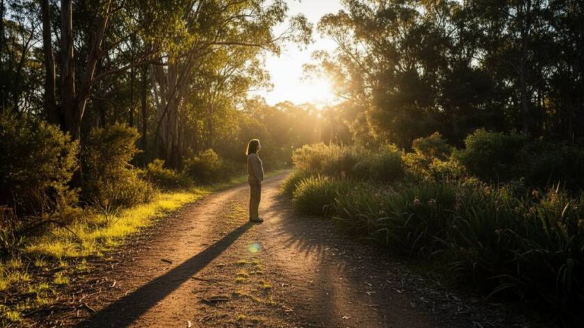 Heatherdale fine art photography expressive portraits capturing a dramatic silhouette of a person standing contemplatively at sunset near Heathmont Bushland Reserve, with golden light filtering through native eucalyptus trees, creating an epic and artistic visual narrative.
