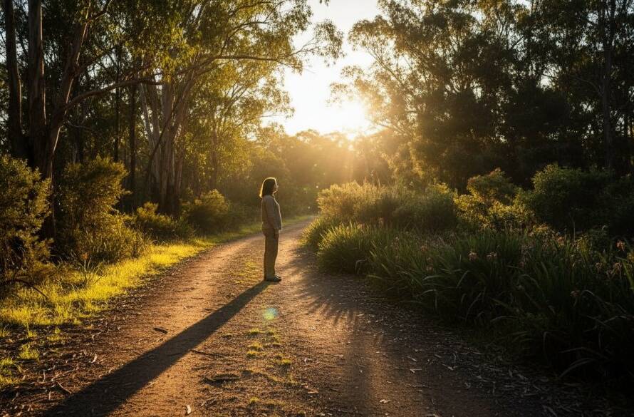 Heatherdale fine art photography expressive portraits capturing a dramatic silhouette of a person standing contemplatively at sunset near Heathmont Bushland Reserve, with golden light filtering through native eucalyptus trees, creating an epic and artistic visual narrative.
