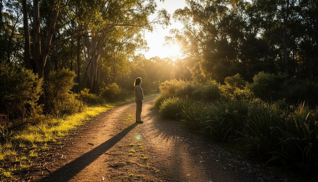 Heatherdale fine art photography expressive portraits capturing a dramatic silhouette of a person standing contemplatively at sunset near Heathmont Bushland Reserve, with golden light filtering through native eucalyptus trees, creating an epic and artistic visual narrative.