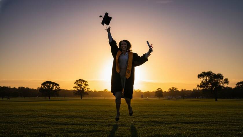 A jubilant graduate, cap thrown high against a vibrant sunset over Heatherdale, embodying Heatherdale Graduation Photography Timeless Memories; a professionally lit and colour-graded 'epic moment' shot.