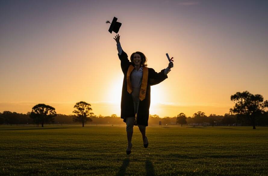 A jubilant graduate, cap thrown high against a vibrant sunset over Heatherdale, embodying Heatherdale Graduation Photography Timeless Memories; a professionally lit and colour-graded 'epic moment' shot.