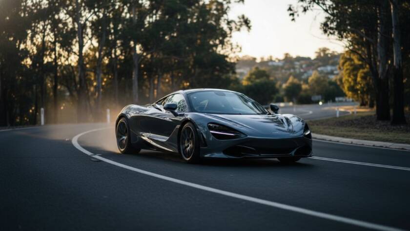 An epic moment of Heatherdale high-performance car photography: a sleek, black sports car speeding through a sun-dappled, leafy road in Heatherdale, Victoria, tires kicking up a subtle mist, captured with dramatic side lighting and a shallow depth of field, conveying power and speed.