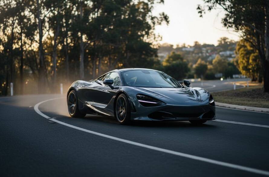 An epic moment of Heatherdale high-performance car photography: a sleek, black sports car speeding through a sun-dappled, leafy road in Heatherdale, Victoria, tires kicking up a subtle mist, captured with dramatic side lighting and a shallow depth of field, conveying power and speed.