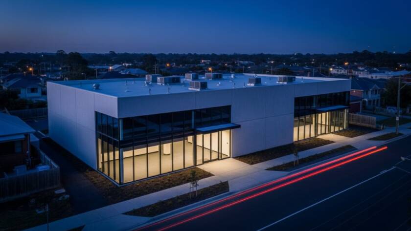 Dramatic wide-angle shot capturing the minimalist lines and reflective glass of a contemporary office building in Heatherdale, Victoria, at dusk, with the Melbourne skyline faintly visible and golden hour light reflecting off the facade. This image exemplifies Heatherdale modern architecture photography Melbourne excellence.
