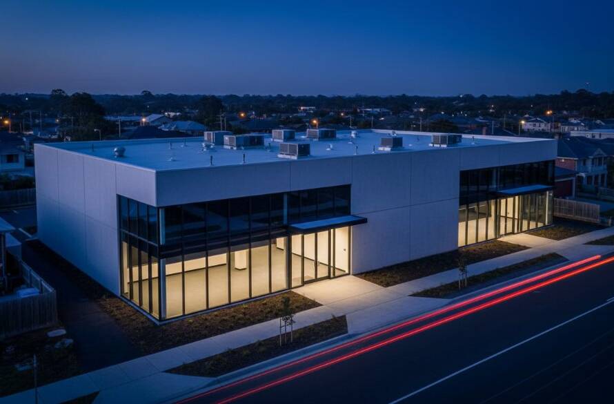 Dramatic wide-angle shot capturing the minimalist lines and reflective glass of a contemporary office building in Heatherdale, Victoria, at dusk, with the Melbourne skyline faintly visible and golden hour light reflecting off the facade. This image exemplifies Heatherdale modern architecture photography Melbourne excellence.