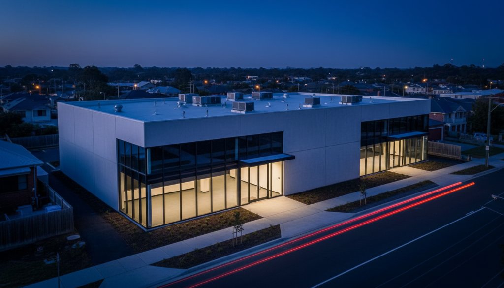 Dramatic wide-angle shot capturing the minimalist lines and reflective glass of a contemporary office building in Heatherdale, Victoria, at dusk, with the Melbourne skyline faintly visible and golden hour light reflecting off the facade. This image exemplifies Heatherdale modern architecture photography Melbourne excellence.