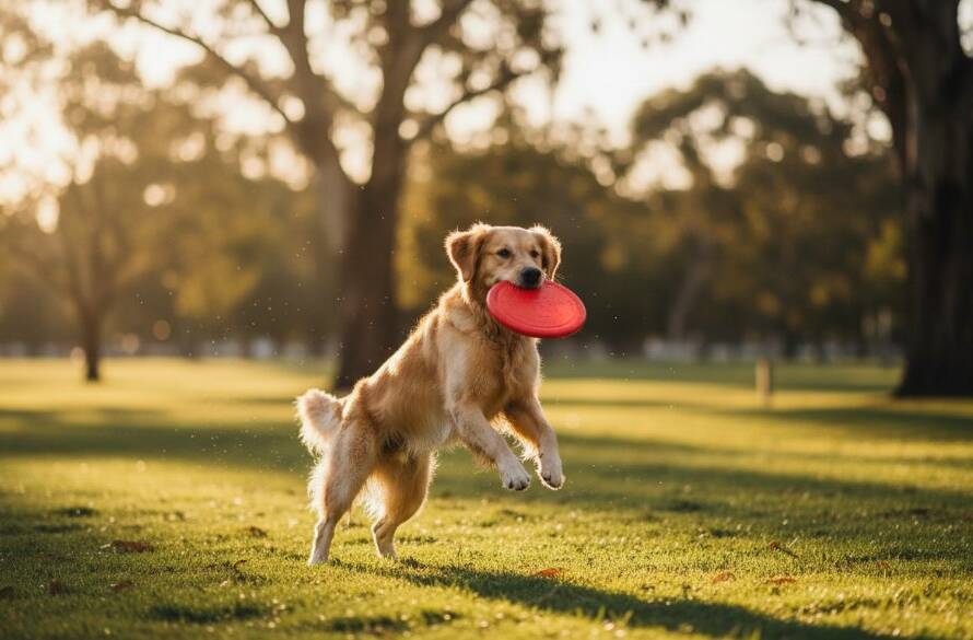 An energetic golden retriever mid-leap, fetching a frisbee in a sun-drenched Heatherdale park, a perfect example of Heatherdale pet photography capturing joyous dog park moments, with dramatic golden hour lighting.