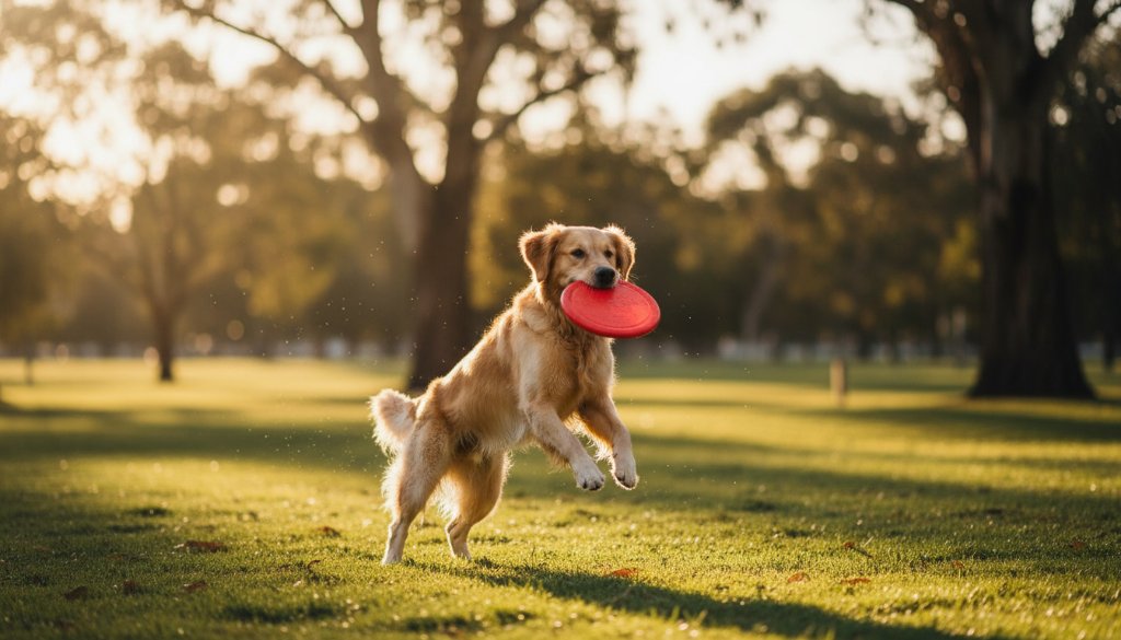 An energetic golden retriever mid-leap, fetching a frisbee in a sun-drenched Heatherdale park, a perfect example of Heatherdale pet photography capturing joyous dog park moments, with dramatic golden hour lighting.