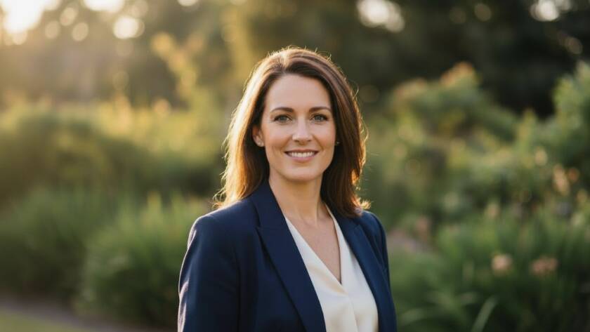 A striking close-up professional portrait showcasing a confident individual with a warm, genuine smile, expertly lit against a subtly blurred Heatherdale streetscape at golden hour, illustrating the power of Heatherdale professional headshots to boost career presence. The subject is a woman in stylish business attire, looking directly at the camera with a calm, assured gaze, evoking professionalism and approachability. Dramatic lighting highlights her features with subtle rim light, creating a cinematic, high-quality photograph.