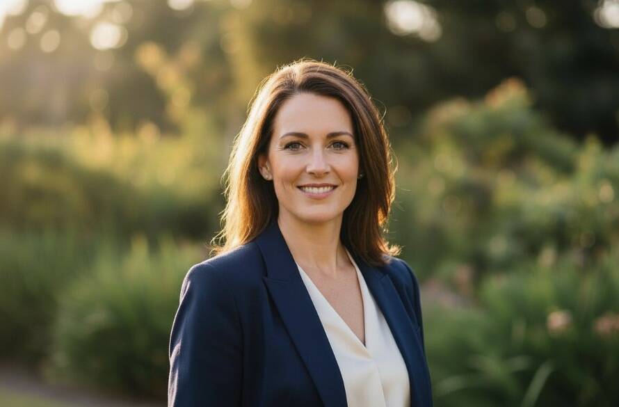 A striking close-up professional portrait showcasing a confident individual with a warm, genuine smile, expertly lit against a subtly blurred Heatherdale streetscape at golden hour, illustrating the power of Heatherdale professional headshots to boost career presence. The subject is a woman in stylish business attire, looking directly at the camera with a calm, assured gaze, evoking professionalism and approachability. Dramatic lighting highlights her features with subtle rim light, creating a cinematic, high-quality photograph.