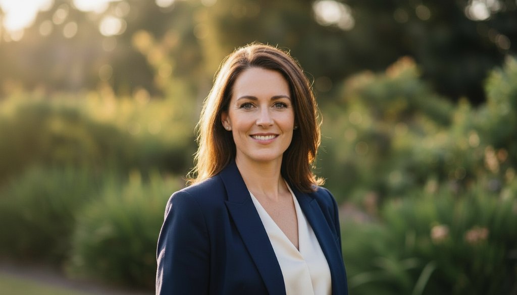 A striking close-up professional portrait showcasing a confident individual with a warm, genuine smile, expertly lit against a subtly blurred Heatherdale streetscape at golden hour, illustrating the power of Heatherdale professional headshots to boost career presence. The subject is a woman in stylish business attire, looking directly at the camera with a calm, assured gaze, evoking professionalism and approachability. Dramatic lighting highlights her features with subtle rim light, creating a cinematic, high-quality photograph.