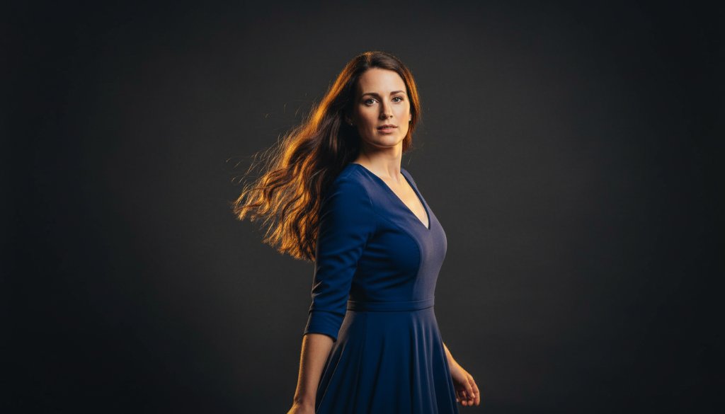 Heatherdale professional studio portrait photography of a confident young woman, bathed in dramatic golden light, standing strong against a dark background, showcasing power and grace.