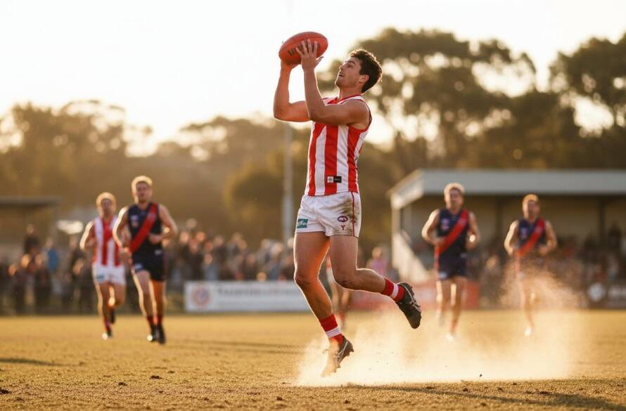 An incredible close-up shot of a footballer in mid-air, scoring a spectacular goal against a dramatic sunset at a Heatherdale sports ground, perfectly illustrating Heatherdale sports photography capturing local heroics.