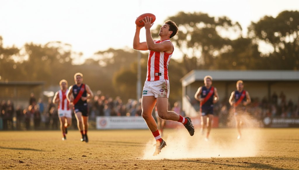 An incredible close-up shot of a footballer in mid-air, scoring a spectacular goal against a dramatic sunset at a Heatherdale sports ground, perfectly illustrating Heatherdale sports photography capturing local heroics.