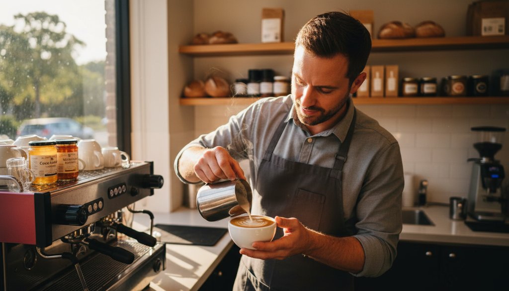 Dynamic wide shot capturing a local entrepreneur, in their vibrant Heatherdale Victoria authentic editorial photography shoot, confidently presenting their sustainable product amidst the green backdrop of a Heatherdale park at sunset, dramatic golden hour light, professional cinematic quality.