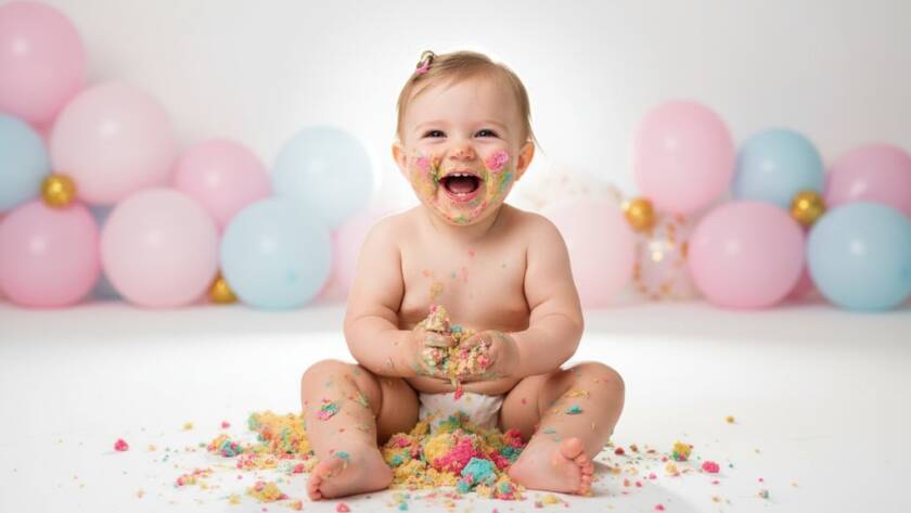 An adorable baby, covered in cake, laughing joyfully amidst vibrant balloons, captured with dramatic studio lighting for a Heatherdale Victoria cake smash photography playful first birthday session. The epic moment perfectly encapsulates the delightful chaos of a first birthday celebration.