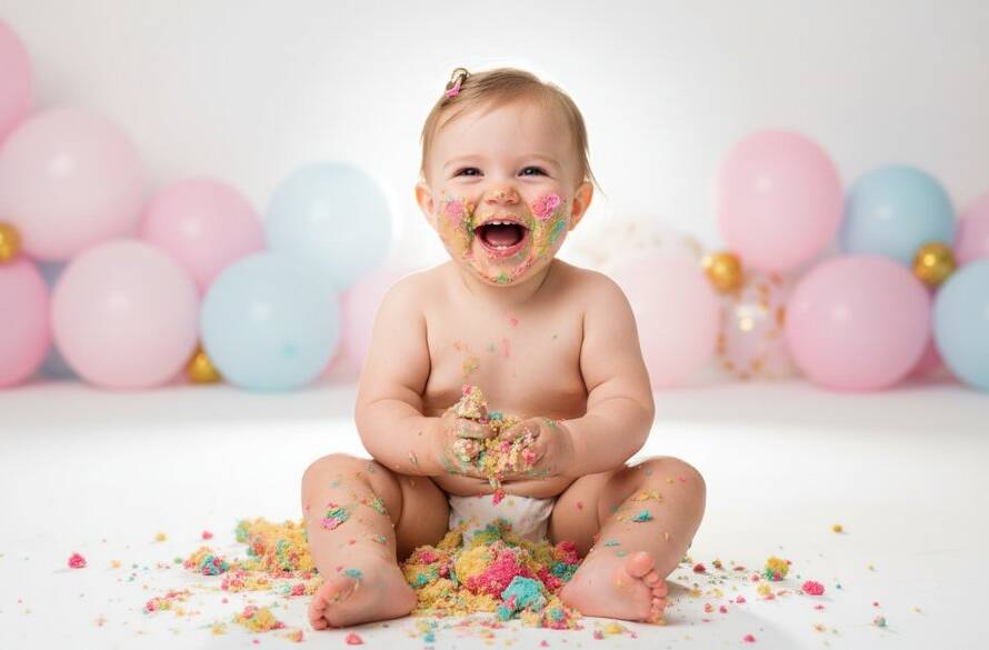An adorable baby, covered in cake, laughing joyfully amidst vibrant balloons, captured with dramatic studio lighting for a Heatherdale Victoria cake smash photography playful first birthday session. The epic moment perfectly encapsulates the delightful chaos of a first birthday celebration.