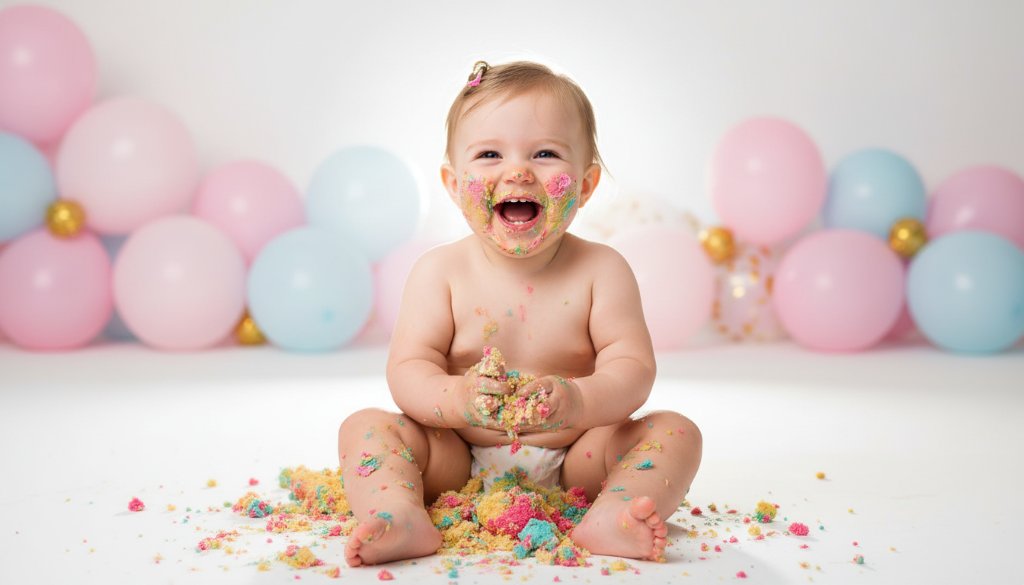 An adorable baby, covered in cake, laughing joyfully amidst vibrant balloons, captured with dramatic studio lighting for a Heatherdale Victoria cake smash photography playful first birthday session. The epic moment perfectly encapsulates the delightful chaos of a first birthday celebration.