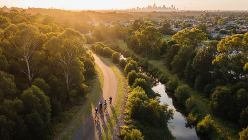 An awe-inspiring drone shot capturing Heatherdale Victoria drone photography unique scenic perspectives, featuring a vibrant sunset over Dandenong Creek trail with cyclists enjoying the golden hour, highlighting the lush green surrounds and distant city skyline.
