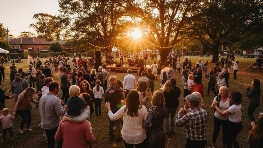 Dynamic wide shot capturing an emotional, joyful group celebrating a community festival in a Heatherdale park under golden hour light, perfectly illustrating Heatherdale Victoria Event Photography Capturing Authentic Moments with vibrant colours and genuine expressions.
