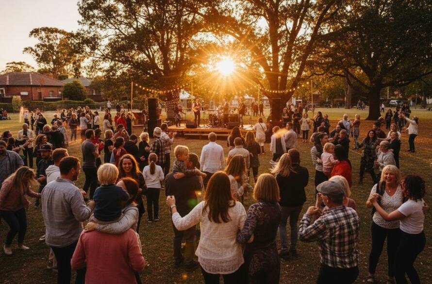 Dynamic wide shot capturing an emotional, joyful group celebrating a community festival in a Heatherdale park under golden hour light, perfectly illustrating Heatherdale Victoria Event Photography Capturing Authentic Moments with vibrant colours and genuine expressions.
