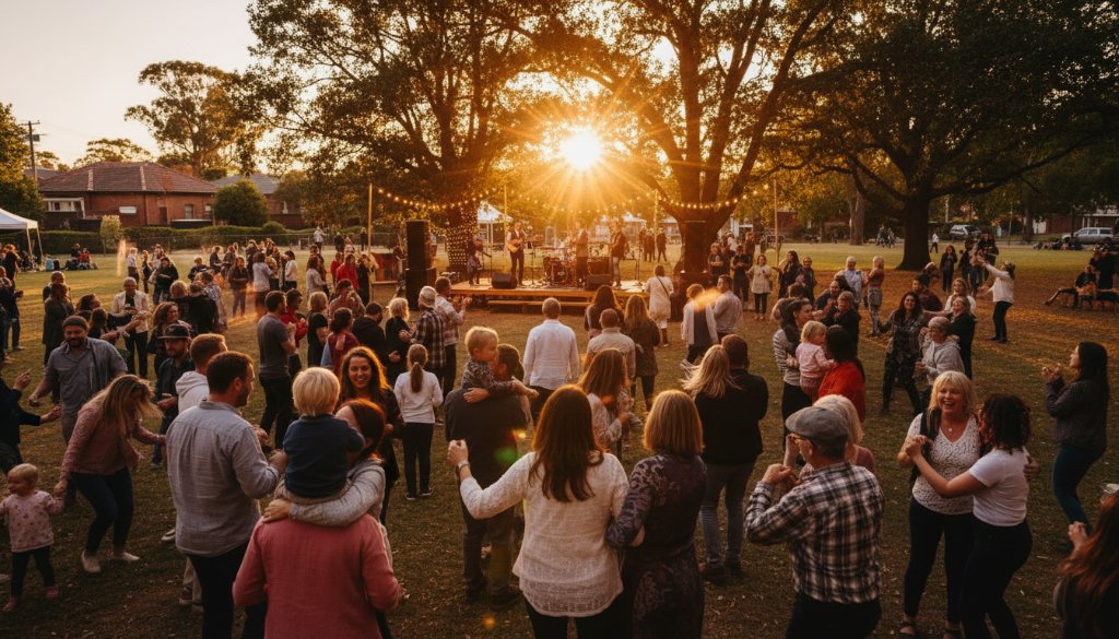 Dynamic wide shot capturing an emotional, joyful group celebrating a community festival in a Heatherdale park under golden hour light, perfectly illustrating Heatherdale Victoria Event Photography Capturing Authentic Moments with vibrant colours and genuine expressions.