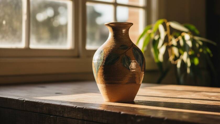 Dramatic close-up of a handcrafted ceramic mug from Heatherdale, Victoria, professionally lit with warm light, showcasing its intricate details and texture, embodying the essence of Heatherdale Victoria product photography for local artisans, against a softly blurred, rustic workshop background.