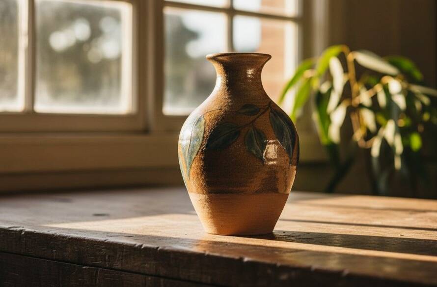 Dramatic close-up of a handcrafted ceramic mug from Heatherdale, Victoria, professionally lit with warm light, showcasing its intricate details and texture, embodying the essence of Heatherdale Victoria product photography for local artisans, against a softly blurred, rustic workshop background.