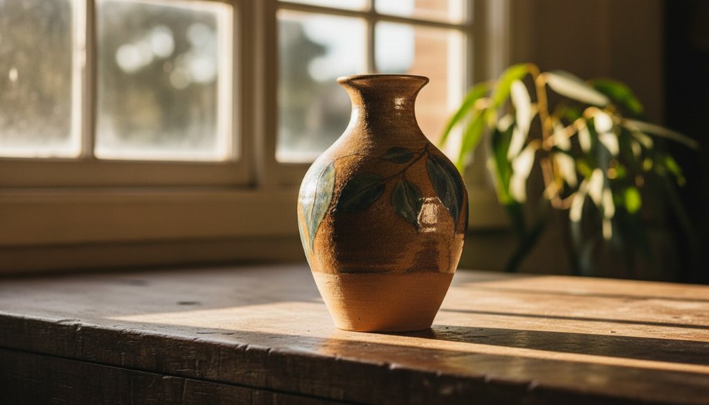 Dramatic close-up of a handcrafted ceramic mug from Heatherdale, Victoria, professionally lit with warm light, showcasing its intricate details and texture, embodying the essence of Heatherdale Victoria product photography for local artisans, against a softly blurred, rustic workshop background.