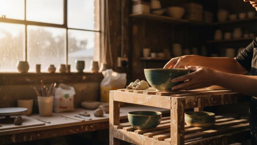 Dynamic hero shot for Heathmont Advertising Photography Solutions, showing a Heathmont ceramic artist in their studio, carefully placing a glazed bowl onto a drying rack, captured with dramatic sunlight and professional colour grading.