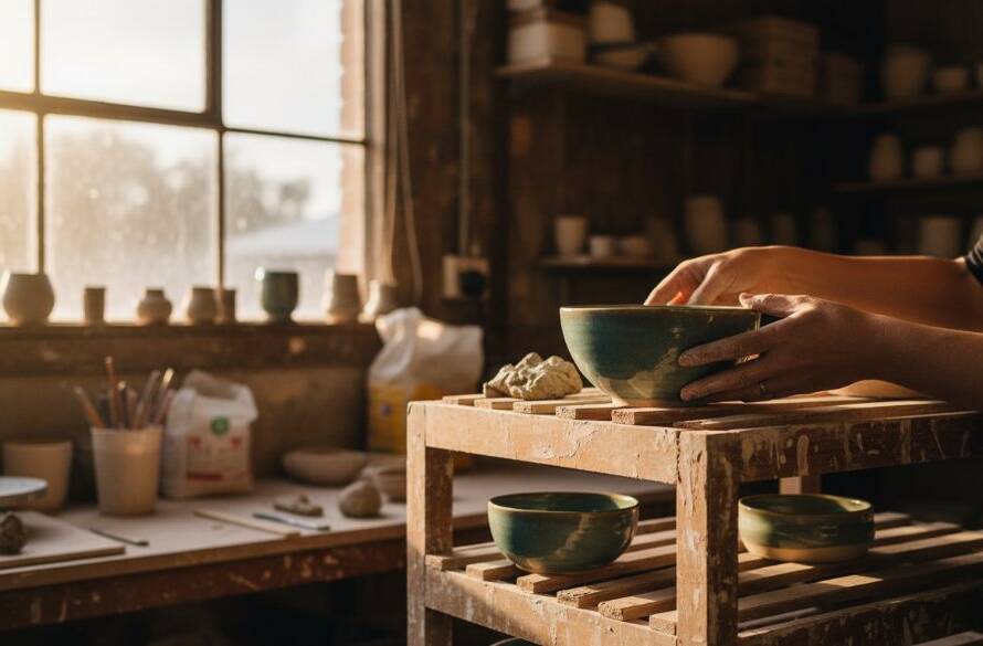 Dynamic hero shot for Heathmont Advertising Photography Solutions, showing a Heathmont ceramic artist in their studio, carefully placing a glazed bowl onto a drying rack, captured with dramatic sunlight and professional colour grading.