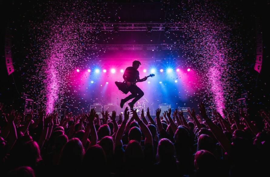 A dynamic wide shot showcasing Heathmont authentic live music photography Victoria, capturing a lead guitarist mid-shred under dramatic stage lights, with a cheering crowd silhouetted in the foreground and confetti falling, conveying raw energy and an epic concert moment.