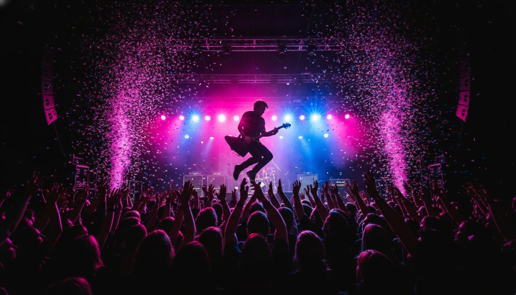 A dynamic wide shot showcasing Heathmont authentic live music photography Victoria, capturing a lead guitarist mid-shred under dramatic stage lights, with a cheering crowd silhouetted in the foreground and confetti falling, conveying raw energy and an epic concert moment.