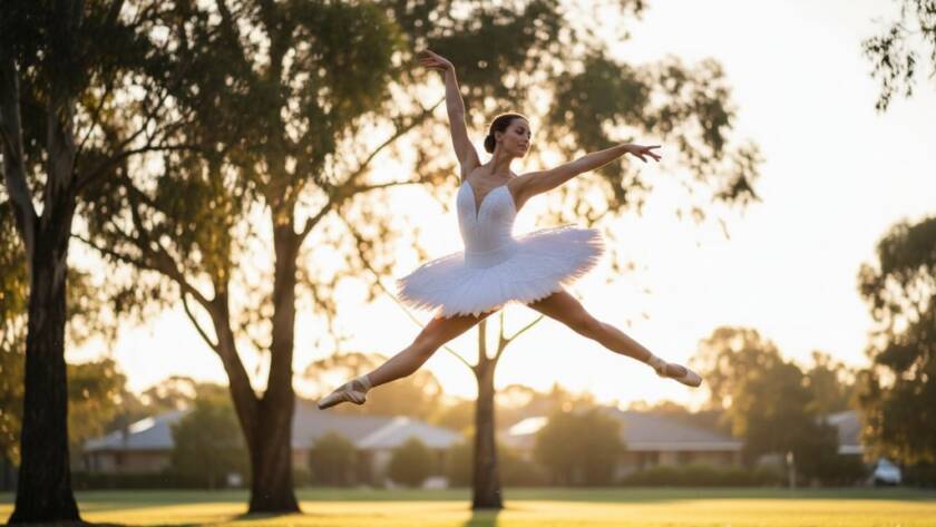Dynamic wide-angle photograph capturing a ballerina mid-leap against a softly blurred, golden hour Heathmont park backdrop, embodying Heathmont ballet photography storytelling Victoria with dramatic light.