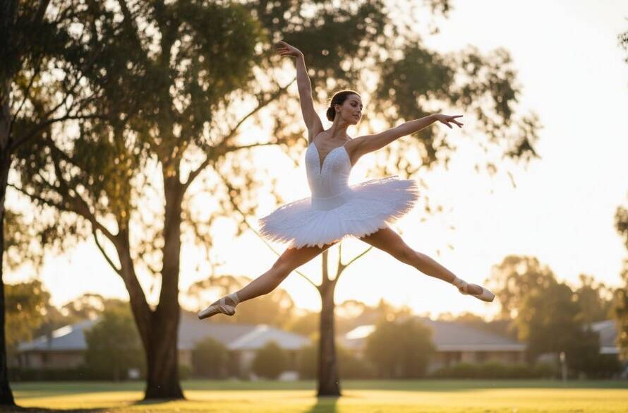 Dynamic wide-angle photograph capturing a ballerina mid-leap against a softly blurred, golden hour Heathmont park backdrop, embodying Heathmont ballet photography storytelling Victoria with dramatic light.