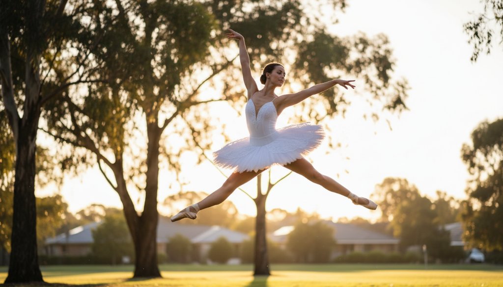 Dynamic wide-angle photograph capturing a ballerina mid-leap against a softly blurred, golden hour Heathmont park backdrop, embodying Heathmont ballet photography storytelling Victoria with dramatic light.