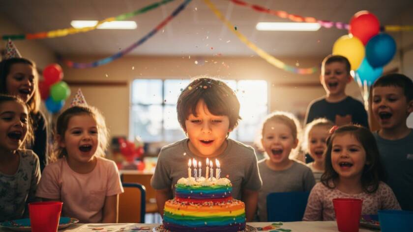 An candid, vibrant wide-angle shot capturing the sheer joy of a child blowing out birthday candles, surrounded by blurred, laughing friends at a Heathmont birthday party. This image encapsulates Heathmont Birthday Party Photography Memories.