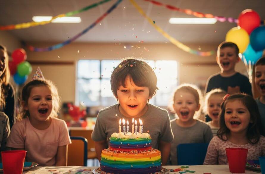 An candid, vibrant wide-angle shot capturing the sheer joy of a child blowing out birthday candles, surrounded by blurred, laughing friends at a Heathmont birthday party. This image encapsulates Heathmont Birthday Party Photography Memories.