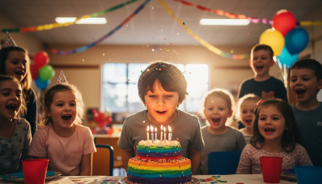 An candid, vibrant wide-angle shot capturing the sheer joy of a child blowing out birthday candles, surrounded by blurred, laughing friends at a Heathmont birthday party. This image encapsulates Heathmont Birthday Party Photography Memories.