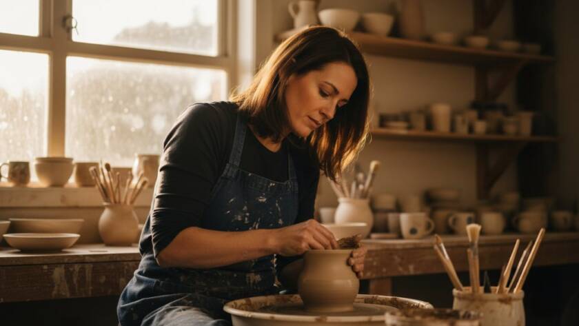 Dynamic professional branding photograph in Heathmont, Victoria, showcasing a local artisan working with focus and passion in a sunlit workshop, highlighting the authentic spirit of Heathmont branding photography for vibrant local businesses with dramatic, warm lighting.