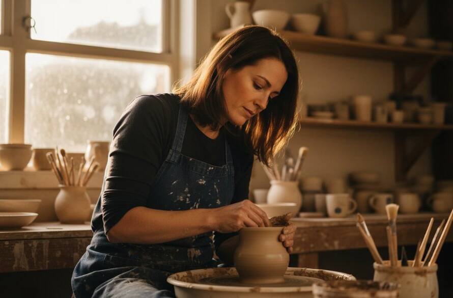 Dynamic professional branding photograph in Heathmont, Victoria, showcasing a local artisan working with focus and passion in a sunlit workshop, highlighting the authentic spirit of Heathmont branding photography for vibrant local businesses with dramatic, warm lighting.
