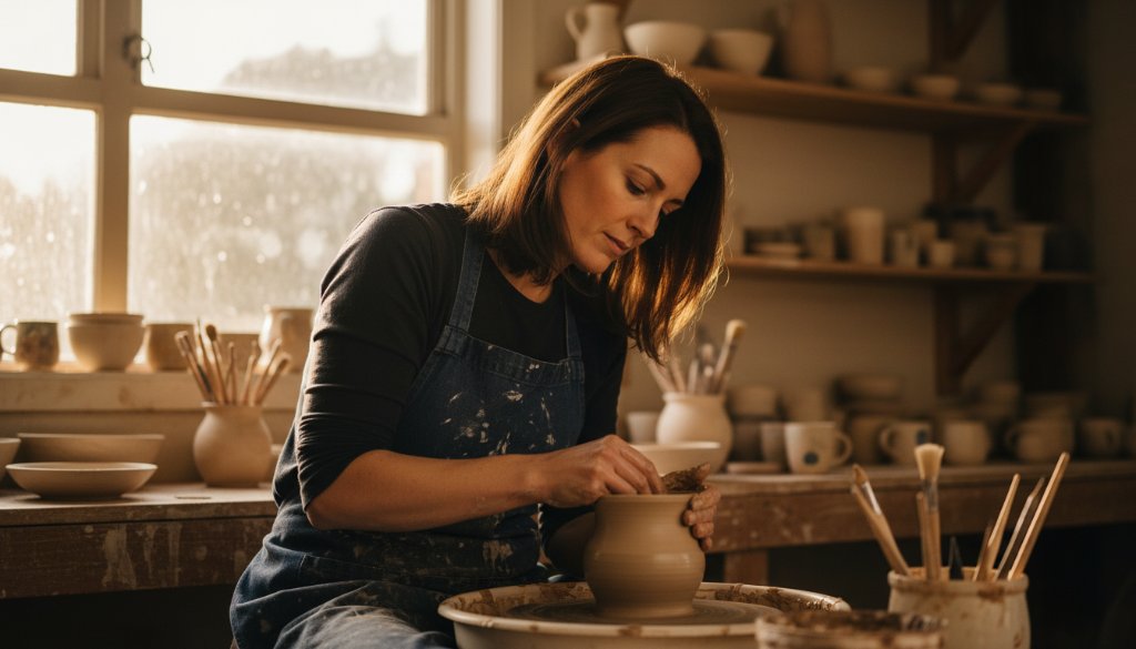 Dynamic professional branding photograph in Heathmont, Victoria, showcasing a local artisan working with focus and passion in a sunlit workshop, highlighting the authentic spirit of Heathmont branding photography for vibrant local businesses with dramatic, warm lighting.