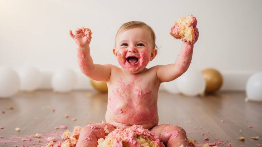 A candid, dramatic, and joy-filled photograph capturing a baby's triumphant and messy moment during a Heathmont Cake Smash Photography Cherished First Birthday Memories session, with cake smeared on their face and hands, vibrant colours, professional lighting, and a soft-focus Heathmont background.