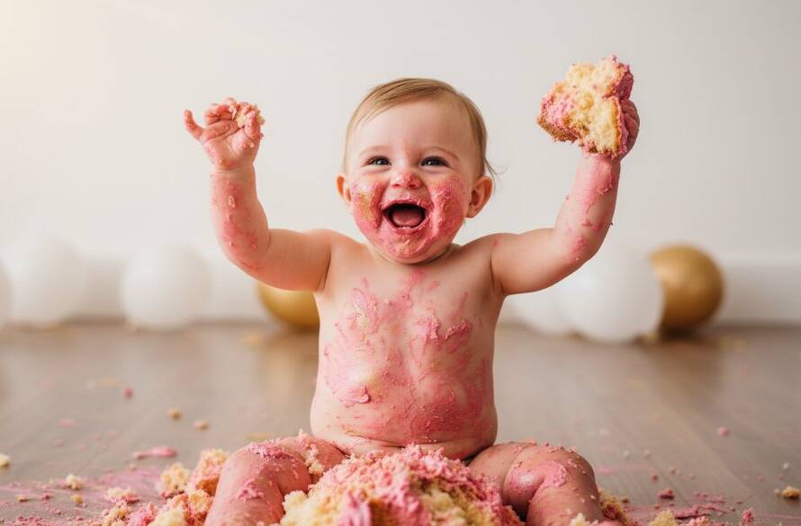 A candid, dramatic, and joy-filled photograph capturing a baby's triumphant and messy moment during a Heathmont Cake Smash Photography Cherished First Birthday Memories session, with cake smeared on their face and hands, vibrant colours, professional lighting, and a soft-focus Heathmont background.