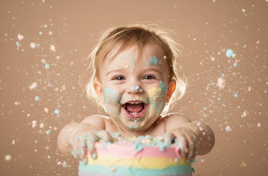 An adorable one-year-old child covered in cake, laughing joyfully amidst a colourful Heathmont Cake Smash Photography first birthday fun scene, captured with dramatic studio lighting.