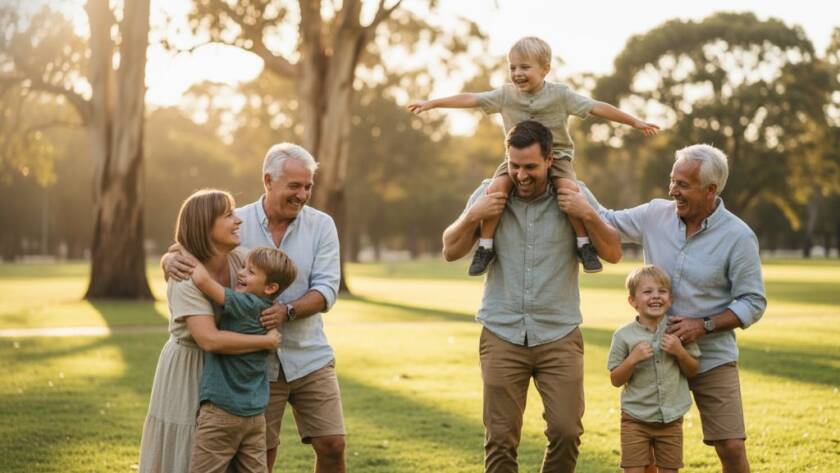 A heartwarming and dynamic candid photograph capturing authentic family moments in Heathmont, featuring a family laughing joyfully as they chase a ball in a sun-drenched park, with dramatic backlighting and professional colour grading.