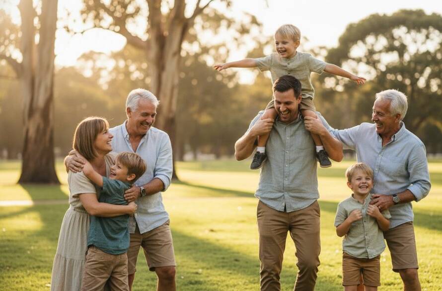 A heartwarming and dynamic candid photograph capturing authentic family moments in Heathmont, featuring a family laughing joyfully as they chase a ball in a sun-drenched park, with dramatic backlighting and professional colour grading.
